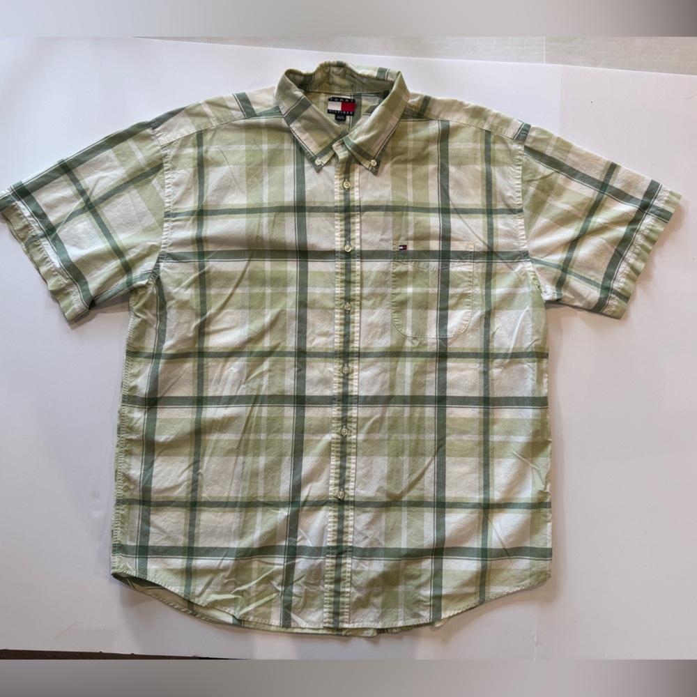 Tommy Hilfiger Men's cotton short sleeve Olive Plaid Button Down Shirt size XL